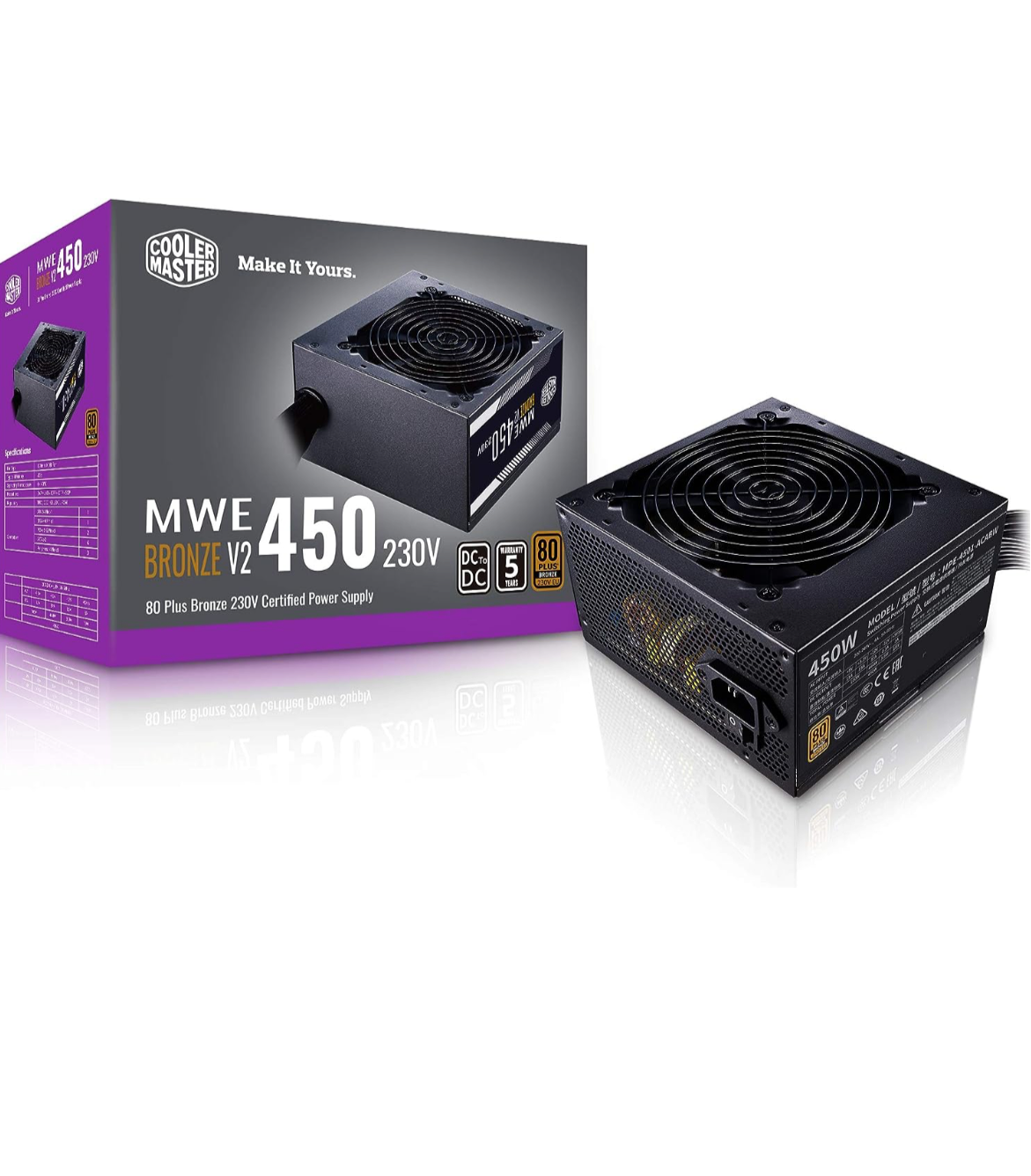 Cooler Master MWE 450 Bronze V2 Power Supply - Non-Modular | 80 Plus Bronze Certified | 120mm HDB Fan | DC-to-DC Circuit Design | ATX 2.52 Version | 450 Watt