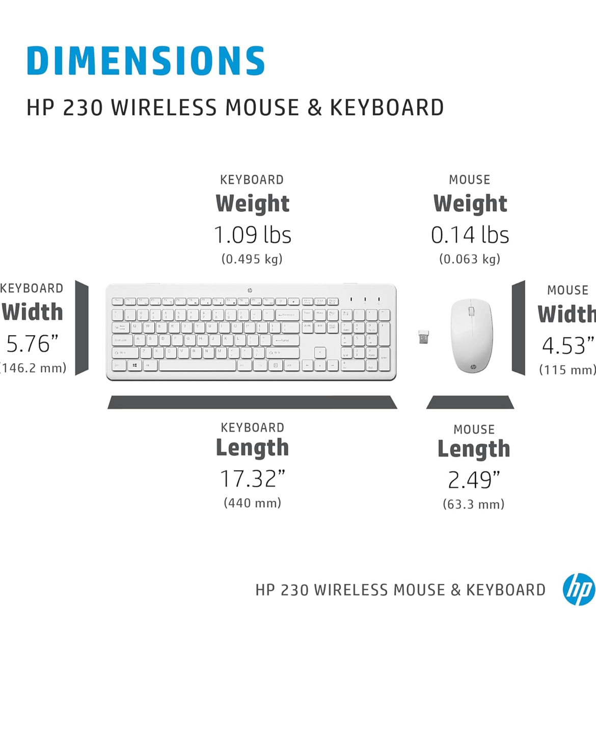 HP 230 Wireless Keyboard and Mouse Combo, 2.4GHz USB dongle, 1600 dpi, Windows PC Compatible, Full-Size Keyboard with Numeric pad, 12 Function Keys, 1-Year Warranty, 0.56 kg, White, 3L1F0AA