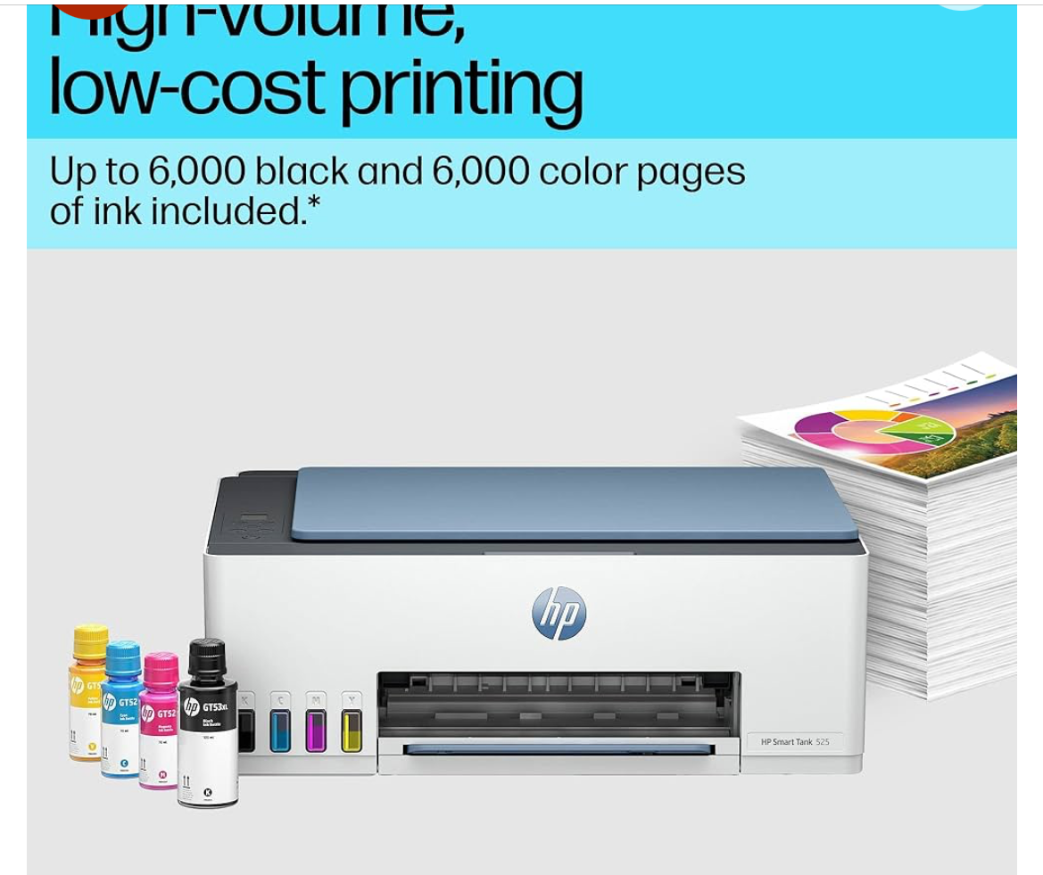 HP Smart Tank 525 All-in-one Colour Printer (Upto 6000 Black and 6000 Colour Pages Included in The Box). - Print, Scan & Copy for Office/Home