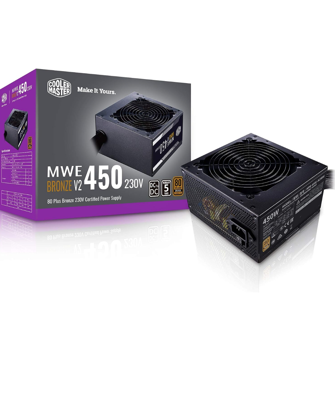 Cooler Master MWE 450 Bronze V2 Power Supply - Non-Modular | 80 Plus Bronze Certified | 120mm HDB Fan | DC-to-DC Circuit Design | ATX 2.52 Version | 450 Watt