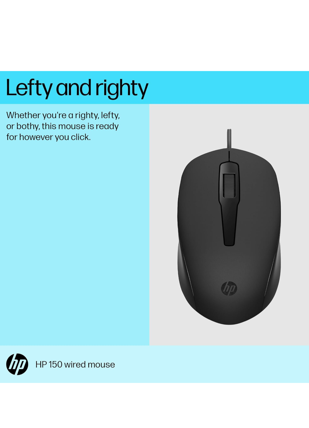 HP 150 Wired Mouse- Elegant Ergonomic Design, 1600 DPI Optical Tracking, USB Plug & Play / 3 Years Warranty (240J6AA), Black