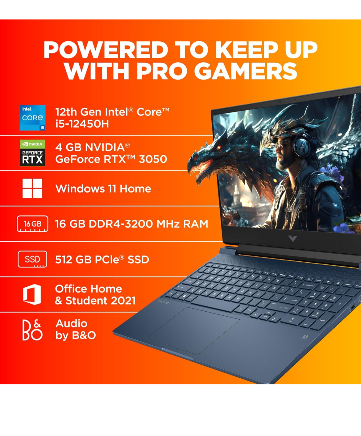 HP Victus Gaming Laptop, 12th Gen Intel Core i5-12450H, 4GB RTX 3050 GPU, 15.6-inch (39.6 cm) FHD IPS 144Hz, 16GB DDR4, 512GB SSD, Backlit KB, B&O Dual Speakers (Win 11, MSO, Blue, 2.37 kg), fa0666TX