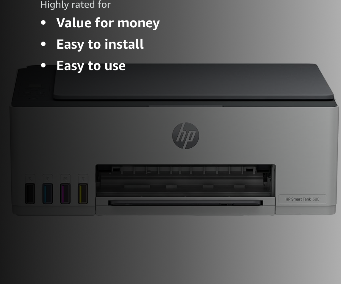 HP Smart Tank 580 AIO WiFi Colour Printer with 1 Extra Black Ink Bottle (Upto 12000 Black & 6000 Colour Prints) + 1 Year Extended Warranty with PHA Coverage -Print, Scan & Copy