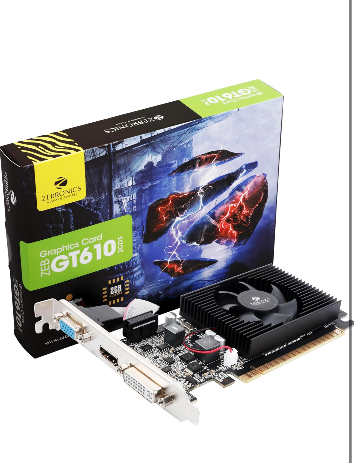 ZEBRONICS Gt610 2Gd3 with Pcie 2.0,Multiconnectivity Hdmi Dvi Vga,High Efficiency,Heatsink with Fan.,pci_e,ddr3_sdram,2 GB