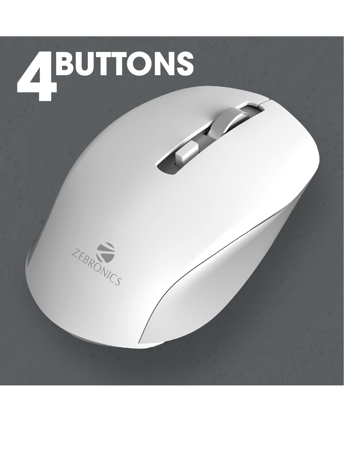 ZEBRONICS Zeb-Jaguar Wireless Mouse, 2.4GHz with USB Nano Receiver, High Precision Optical Tracking, 4 Buttons, Plug & Play, Ambidextrous, for PC/Mac/Laptop (White+Grey)