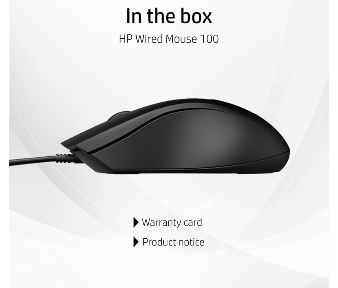 HP Wired Mouse 100 with 1600 DPI Optical Sensor, USB Plug-and -Play,ambidextrous Design, Built-in Scrolling and 3 Handy Buttons. 3-Years Warranty (6VY96AA)