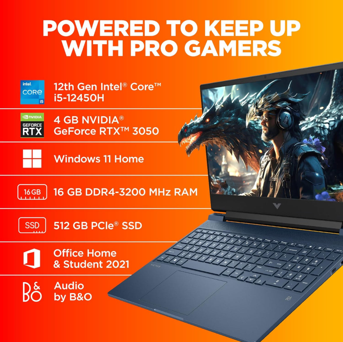 HP Victus Gaming Laptop, 12th Gen Intel Core i5-12450H, 4GB RTX 3050 GPU, 15.6-inch (39.6 cm) FHD IPS 144Hz, 16GB DDR4, 512GB SSD, Backlit KB, B&O Dual Speakers (Win 11, MSO, Blue, 2.37 kg), fa0555TX